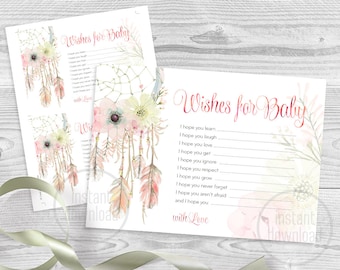 Dreamcatcher baby shower card, wishes for baby, watercolor tribal boho rustic feathers printable shower card. Instant download! 002CMPGM