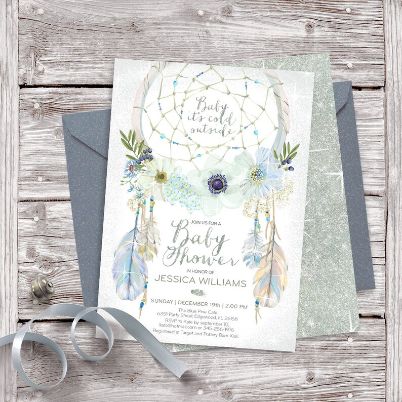 watercolor baby boy Winter show 029CMP Dreamcatcher blue silver glittering gray boho baby shower invitation Digital printable files