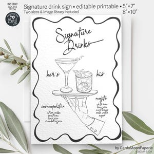 Placa de bebida exclusiva, cartão caprichoso editável para casamento, mesa de festa personalizada desenhada à mão em preto e branco, modelo minimalista. IDA 403cmp B