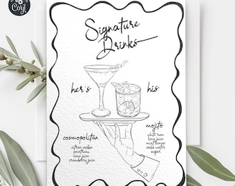 Signature drink sign, wedding editable whimsical card, personalized hand drawn black white party table, minimalistic template. IDA 403cmp B