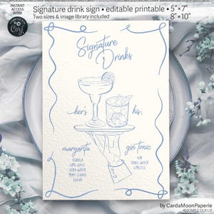 Segno di bevande firmate, biglietto modificabile per cocktail di nozze, modello modificabile disegnato a mano personalizzato e stravagante. LIZ 403cmp C CLR blu