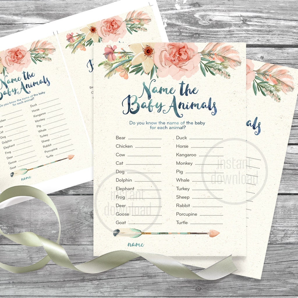 Baby shower game, baby animal name, floral antlers watercolor tribal boho rustic bohemian printable shower card. Download! 022CMPGM 022CMPEX