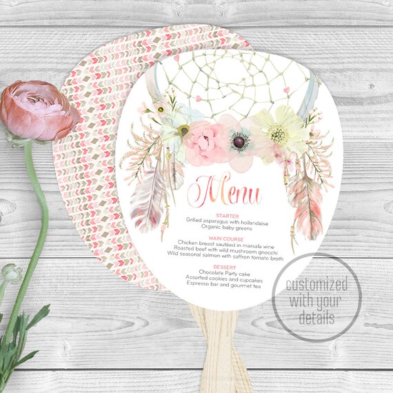 Dreamcatcher Diy Boho Baby Shower Paddle Fan Menu Digital Feather