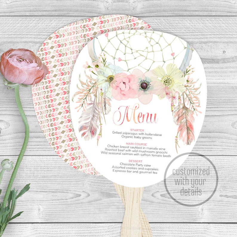 Dreamcatcher Diy Boho Baby Shower Paddle Fan Menu Digital Etsy