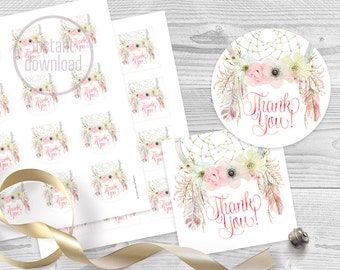 Dreamcatcher thank you tags 2&quot;x2&quot; punch Boho pastel flowers watercolor. DIGITAL files Instant downloads Tribal bohemian shower. 002CMPEX 07