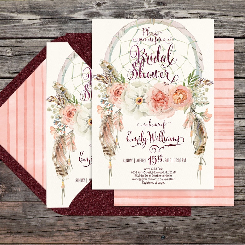 watercolor 5x7 card Digital printable files Dreamcatcher boho bridal shower invitation Feathers bohemian Customisable peonies 052CMP
