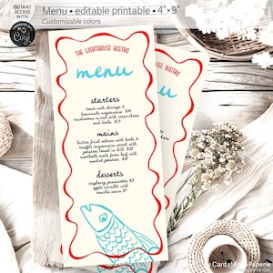 May include: A printable menu template for a restaurant called "The Lighthouse Bistro". The menu is designed with a red and white border and features a blue fish illustration. The menu includes sections for starters, mains, and desserts with prices listed for each item.