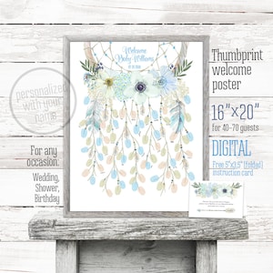 Dreamcatcher Daumenabdruck Gästebuch Fingerabdruck Traumfänger blau Baby Jungen Willkommensschild 16x20 Duschfedern. Personalisiert! 082CMPEX 16