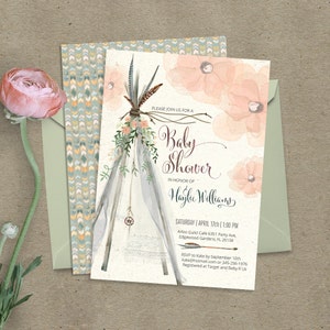 Teepee bohemian baby shower invitation. Digital files. Feathers, tipi, tribal, boho, watercolor, pow wow, beach. Customised by me. 072CMP