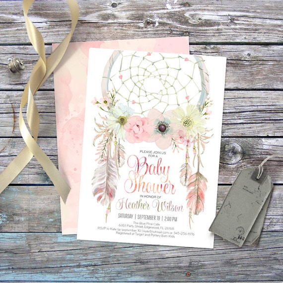 dreamcatcher boho baby shower invitation. digital printable files.  feathers, bohemian, dream catcher watercolor, baby girl. 002cmp