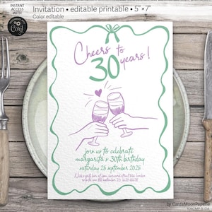 Verjaardagsuitnodiging, 30e verjaardag, proost op 30 jaar, bewerkbare gepersonaliseerde salie paarse kaart grillige ontwerpsjabloon. IDA 404 cmp 01 B