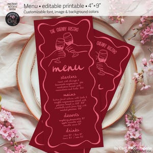 May include: A printable menu template for a restaurant called "The Cherry Bistro". The menu is designed in a red and pink color scheme with a whimsical illustration of two hands holding wine glasses. The menu includes sections for starters, mains, desserts, and drinks.