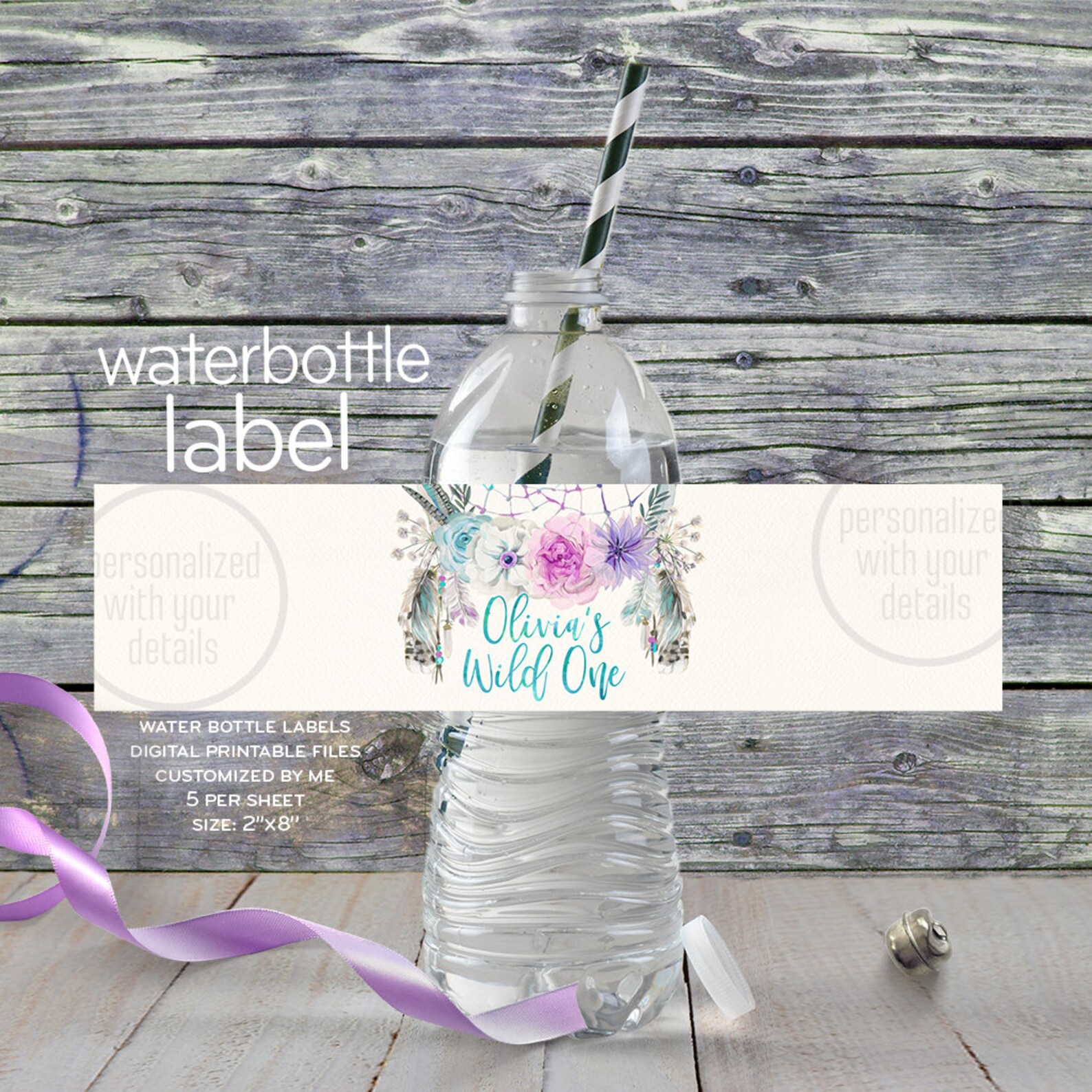 Water Bottle Label dreamcatcher purple turquoise blue lilac | Etsy