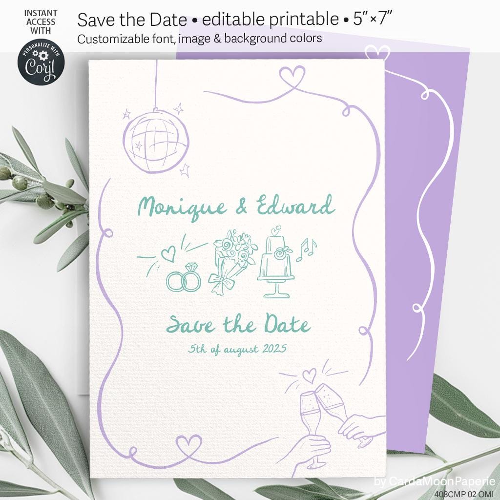Save the Date, announcement card, whimsical editable handdrawn any color squiggle border frame wavy, editable printable. OMI 408cmp 02
