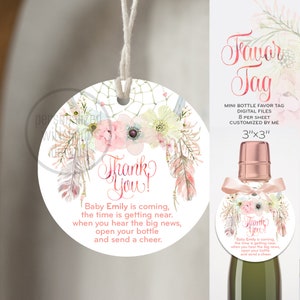 Dreamcatcher mini bottiglia di vino applausi favore rotondo 3x3 etichetta regalo acquerello. Biglietto di ringraziamento boho chic per doccia tribale boho. 002CMPEX10C 121CMPEX