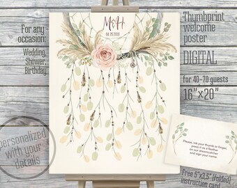 May include: A digital printable thumbprint welcome poster with a boho theme. The poster features a dreamcatcher with feathers, a pink rose, and greenery. The poster is 16 inches by 20 inches and is designed for 40-70 guests. The text on the poster reads "Thumbprint welcome poster", "DIGITAL", "for 40-70 guests", "16"x20"", and "Please, ink your thumb or finger, press it as a feather on our dreamcatcher and sign your name."