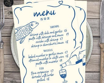 Menu card whimsical daily menu party restaurant food handdrawn french style winery color editable printable template. OMI 403cmp 12 A