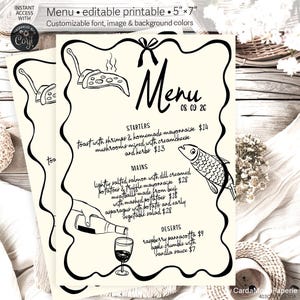Menú de fiesta, menú diario de fiesta, estilo francés, dibujado a mano, plantilla editable, imprimible, para bodega, restaurante, comida, caprichosa. IDA 403cmp 11 A