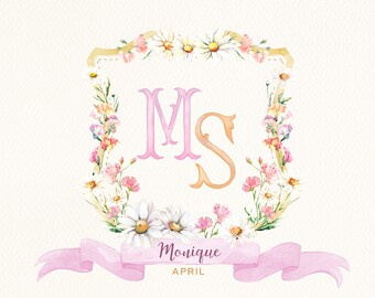 Écusson floral personnalisé pour le mois de naissance. Cadeau écusson monogramme AVRIL. Daisy pois de senteur rose orange multicolore. Initiales de deux lettres vintage. 704 cm