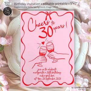 Verjaardagsuitnodiging, 30e verjaardag, proost op 30 jaar, bewerkbare gepersonaliseerde roze kaart, grillige ontwerpsjabloon. IDA 404 cmp 01 D