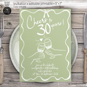 Verjaardagsuitnodiging, 30e verjaardag, proost tot 30 jaar, bewerkbare gepersonaliseerde salie groene kaart grillige ontwerpsjabloon. IDA 404 cmp 01 A2