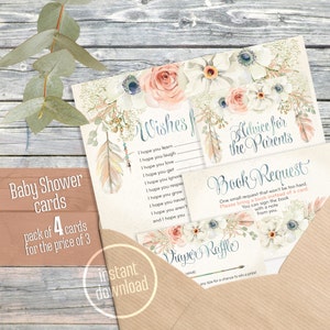 Traumfänger-Packung mit 4 Babypartykarten, Windel, Aquarell-Boho-Rustikal-Federn-Pfeile-Digitalkarten. Sofortiger Download! 108CMPGM 108CMPEX