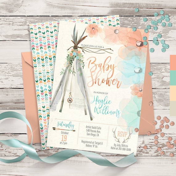 Tee Pee mint peach pink Baby Shower tribal boho invitation. Digital files.  Feathers, aqua, tipi, antlers, arrows. Customised by me. 153CMP