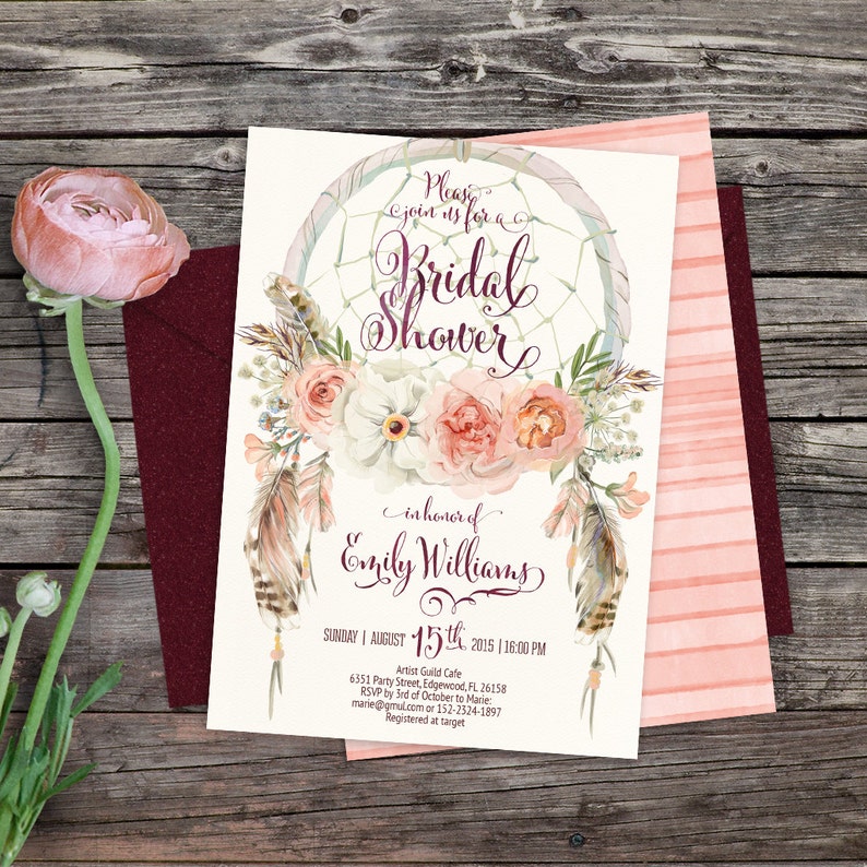 watercolor 5x7 card Digital printable files Dreamcatcher boho bridal shower invitation Feathers bohemian Customisable peonies 052CMP