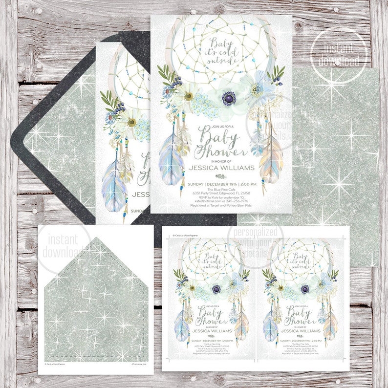 watercolor baby boy Winter show 029CMP Dreamcatcher blue silver glittering gray boho baby shower invitation Digital printable files