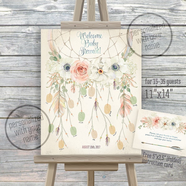 Dreamcatcher thumbprint guestbook 11x14 fingerprint dream catcher welcome sign vintage rustic baby or bridal shower boho feathers. 108CMPEX