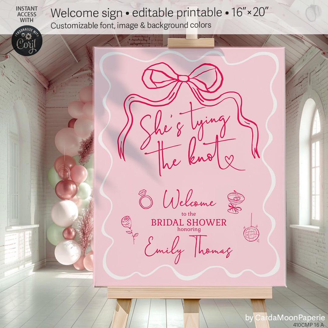 Bridal Shower Tying the Knot Welcome Sign, Pink Bow, 16x20, Coquette ...