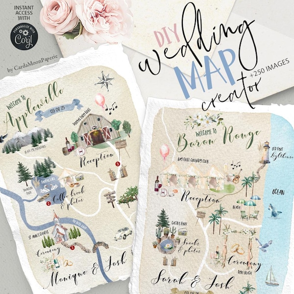 Wedding Map creator, watercolor wedding map template, hand-drawn venue map, custom map icons, DIY wedding map images, destination. 909cmp