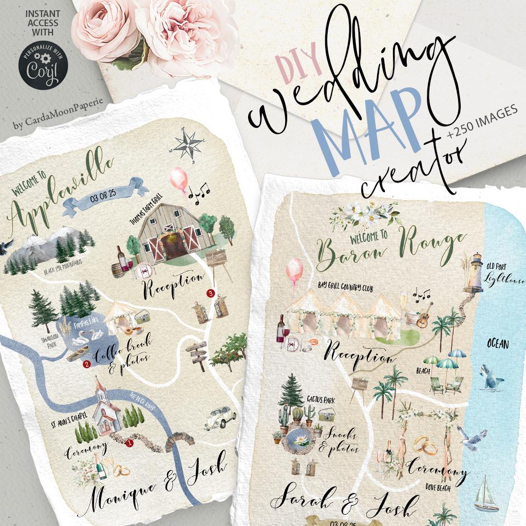 Wedding Map creator, watercolor wedding map template, hand-drawn venue map, custom map icons, DIY wedding map images, destination. 909cmp