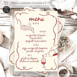 Grillige menukaart partij restaurant eten handgetekende Franse Italiaanse pizza wijn wijnmakerij kleur bewerkbare afdrukbare sjabloon. OMI 403 cmp 10 A