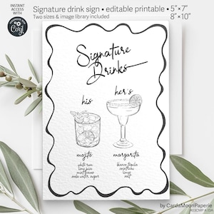 Cartello per cocktail d'autore, biglietto stravagante personalizzato per drink di nozze, tavolo da festa in bianco e nero disegnato a mano, modello minimalista. IDA 403cmp A