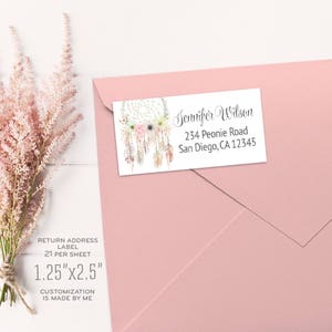 Etiqueta de dirección de devolución con atrapasueños, etiqueta para sobre tamaño A7, estilo bohemio, en tonos pastel rosa. Personalizada por mí con tu dirección. 002CMPEX 012CMPEX 142CMPEX