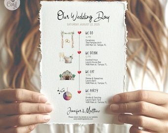 Wedding timeline creator, DIY watercolor wedding itinerary template, hand-drawn watercolor, custom wedding icons, editable. 911cmp B