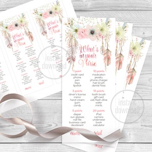 In je portemonnee baby shower spelkaart, aquarel dreamcatcher tribal boho roze pastel veren digitale Instant download! 002CMPGM 06 002CMPEX