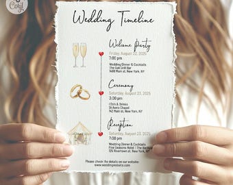 Wedding timeline creator, DIY watercolor wedding itinerary template, hand-drawn watercolor, custom wedding icons, editable. 911cmp A