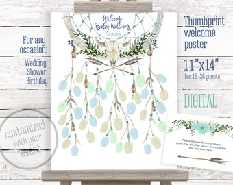 May include: A digital printable 11" x 14" thumbprint welcome poster with a dreamcatcher design in blue, green, and beige. The poster is for 15-36 guests and includes the text "Welcome Baby Williams 10 18 2018".