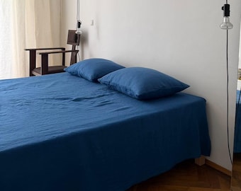 Mediterranean Blue Linen Flat Sheet, European Bedding, US Full/Queen/King/ Custom size. Wedding gift. Anniversary gift. Mother's day gift