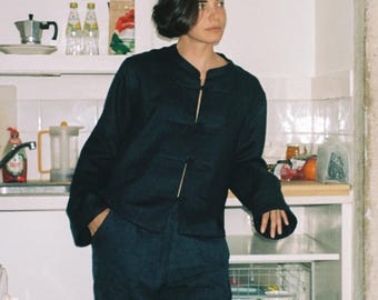 Linen Pajama Set for Women, Dark Blue Asian Style Linen Sleepwear, Relaxed Fit Linen Shirt and Pants, Breathable Loungewear, Gift for Her