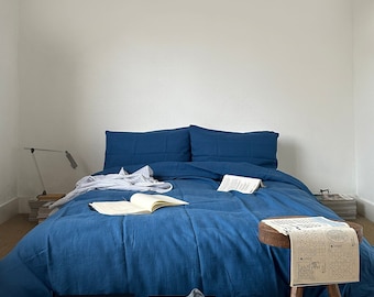 Washed Linen Bedding Set, Slate Blue Duvet Cover with Pillowcases & Flat Sheet, Breathable Linen Bedding for Hot Sleepers, Housewarming Gift