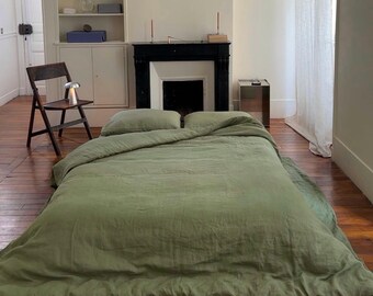 Linen Bedding Set Queen Full, European Flax Bedding, Minimalist Bedroom Decor, Sage/Pistachio Set - Duvet Cover, 2 Pillowcases, Flat Sheet