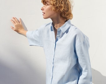 Linen Pajamas. Linen shirt. Linen shorts. Light blue.