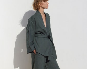 Emerald. Linen Kimono robe in Green. Oversize Linen Kimono robe + pants. Linen loungewear, loose fit.