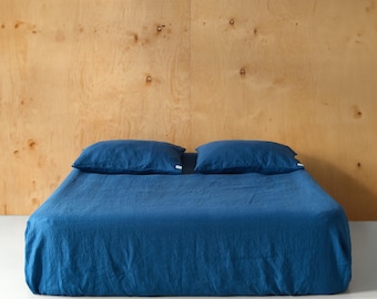 Mediterranean Blue Linen Fitted Sheet | 100% European Flax | Breathable, Cooling Bedding (OEKO-TEX)| for Hot Sleepers| US/ European Sizes