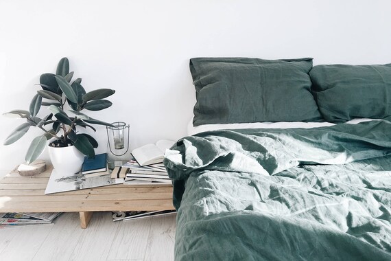 Emerald Linen Duvet Cover Dark Green Twin Full Queen Etsy