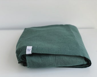 Emerald Green Linen Fitted Sheet | 100% Stonewashed Flax | US Full Queen King | Breathable Cooling Bedding | OEKO-TEX | Made in Europe