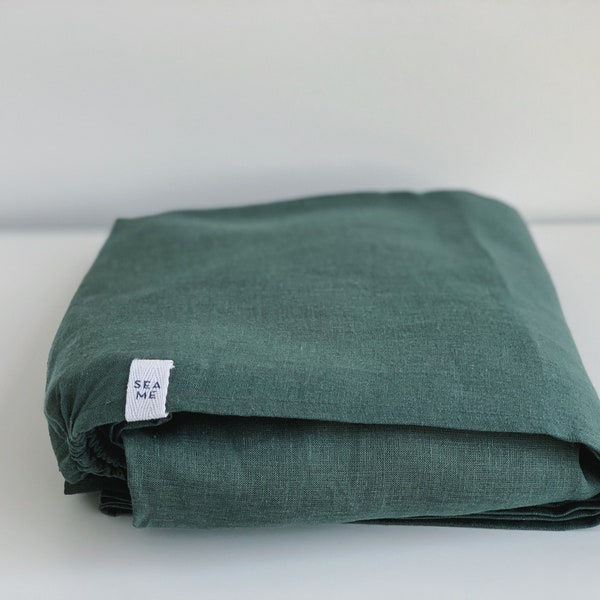 Emerald. Linen fitted sheet. Green, dark green, forest green. US Full/ Queen/ King